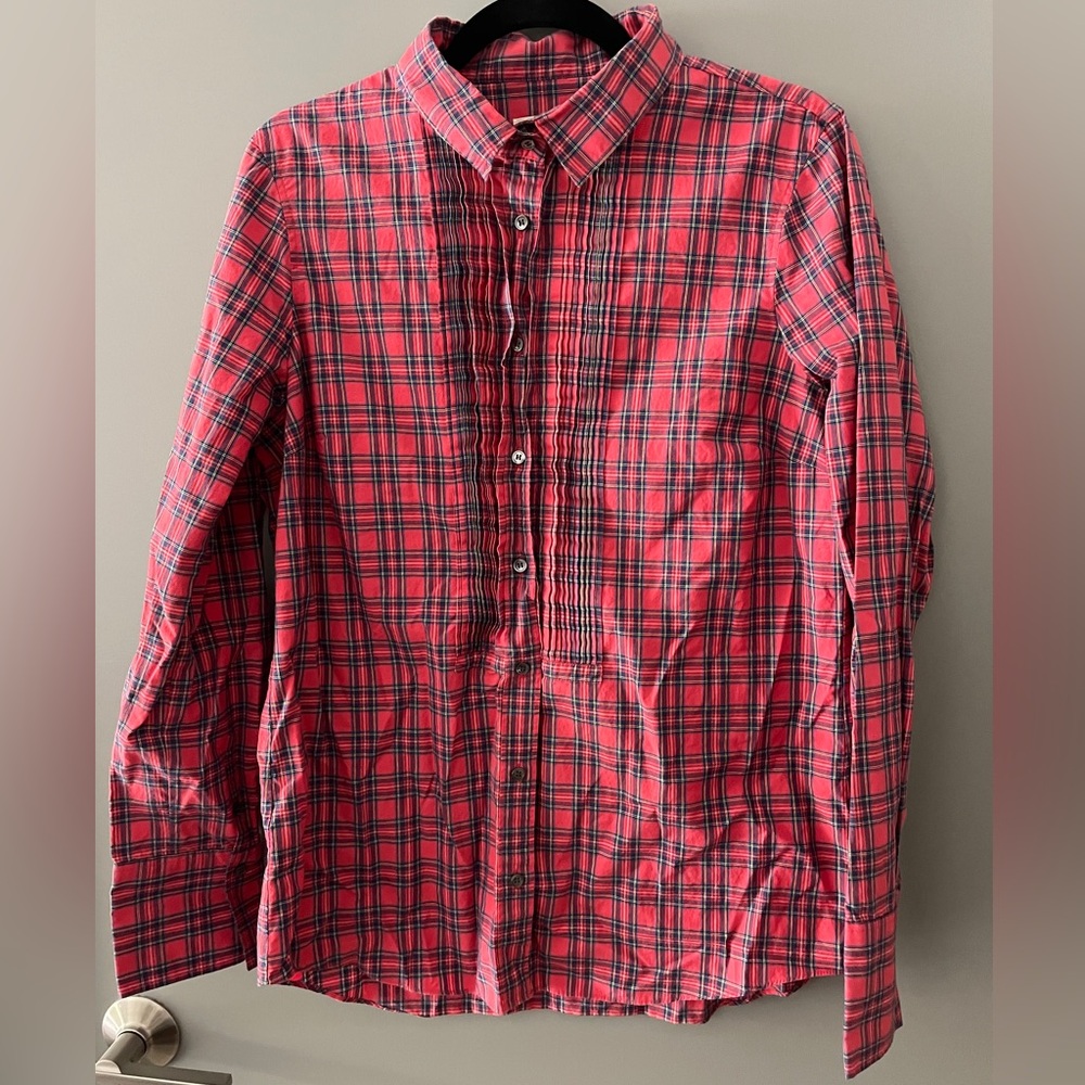 EUC J. Crew Red Plaid Button-Up Pleated Cotton Shirt